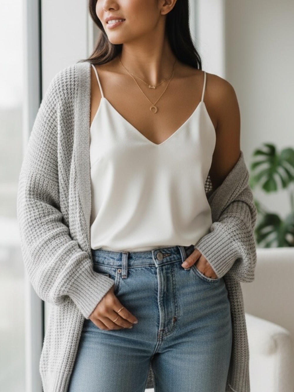 A new day Cream V Neck Flowy Satin-Like Camisole Tank Top | Size Small